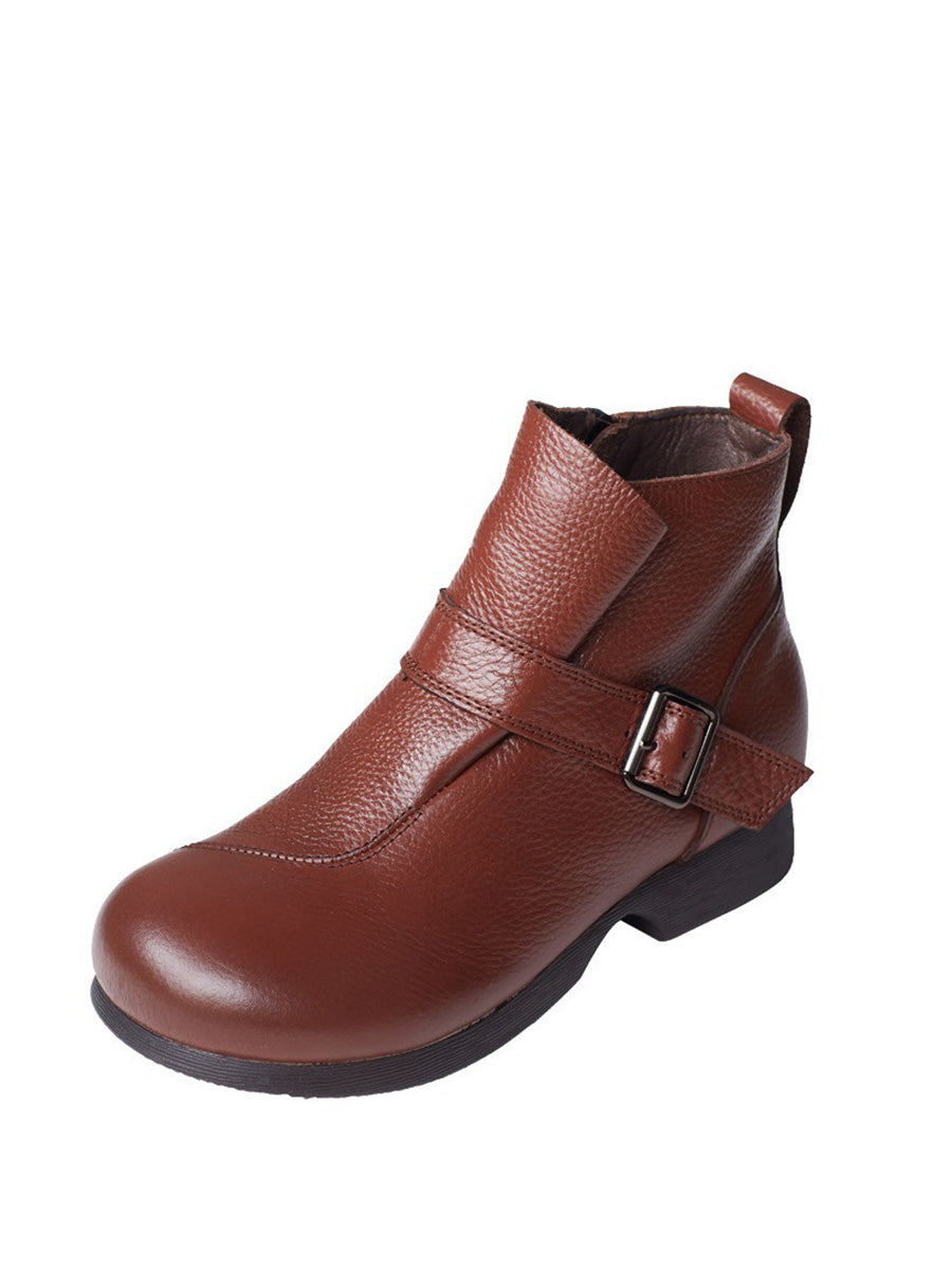 Women Vintage Autumn Soft Leather Buckle Low Heel Boots BA1053 Genistyle Shop