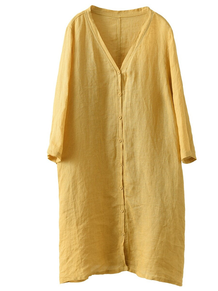 Women Summer Casual Solid Linen Button-up Long Shirt SC1033 Ada Fashion