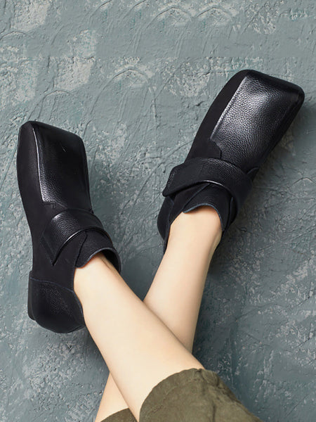 Women Artsy Leather Spliced Square Collar Ankle Boots BA1033 Genistyle Shop