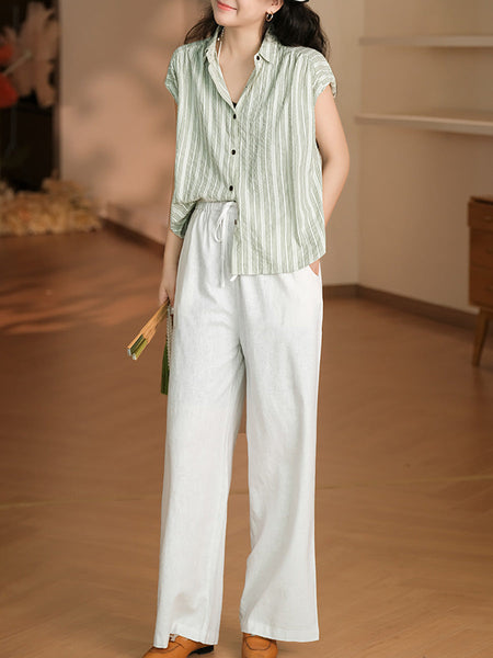 Women Summer Casual Stripe Button-up Cotton Shirt LL043 BUYKUD