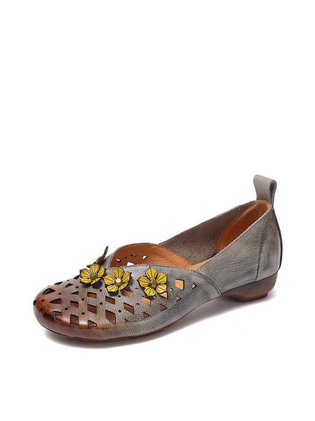 Heel Flower Hollow Low Shoes Leather Women Out Ethnic FashionChic