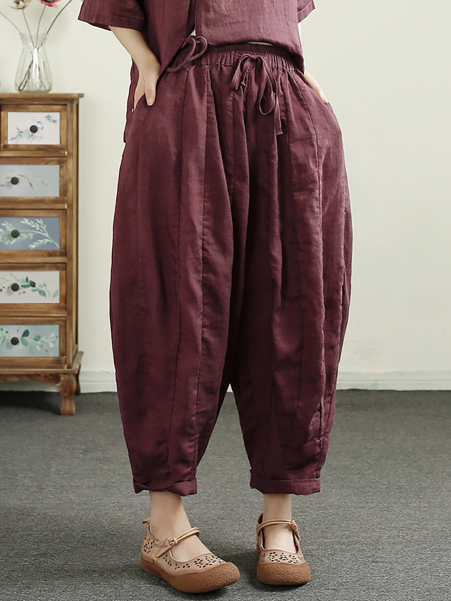 Women Summer Retro Spliced Harem Linen Pants CX010 ZMMM