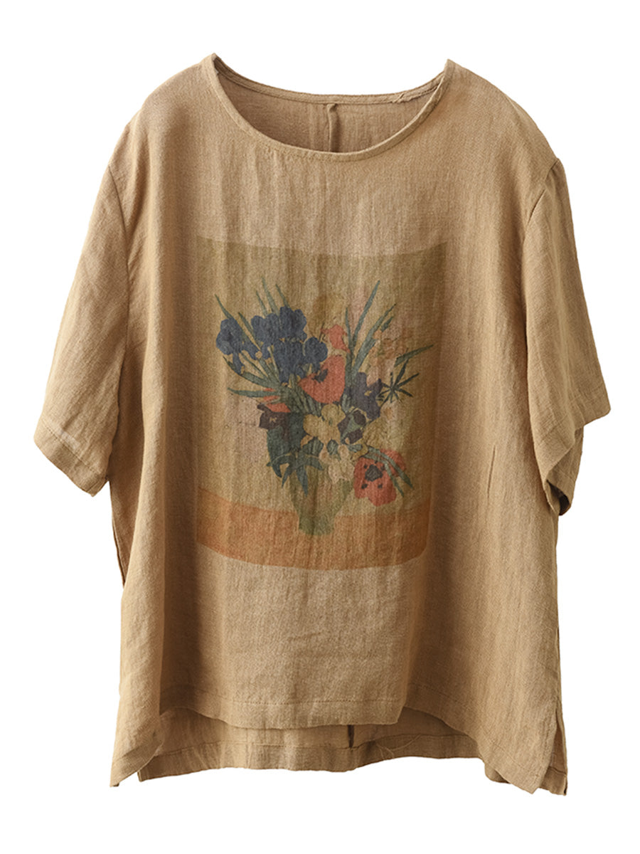 Women Summer Casual Flower Linen Pullover Shirt TY1022 Ada Fashion