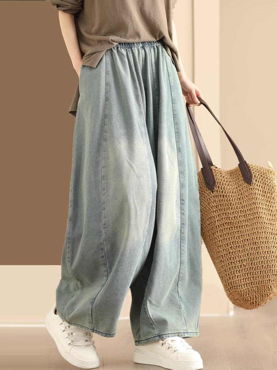 Women Vintage Washed Spliced Denim Wide-leg Pants QW1007 Ada Fashion