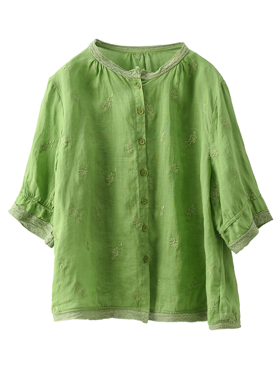 Women Summer Vintage Embroidery Button-up Ramie Shirt CX007 ZMMM