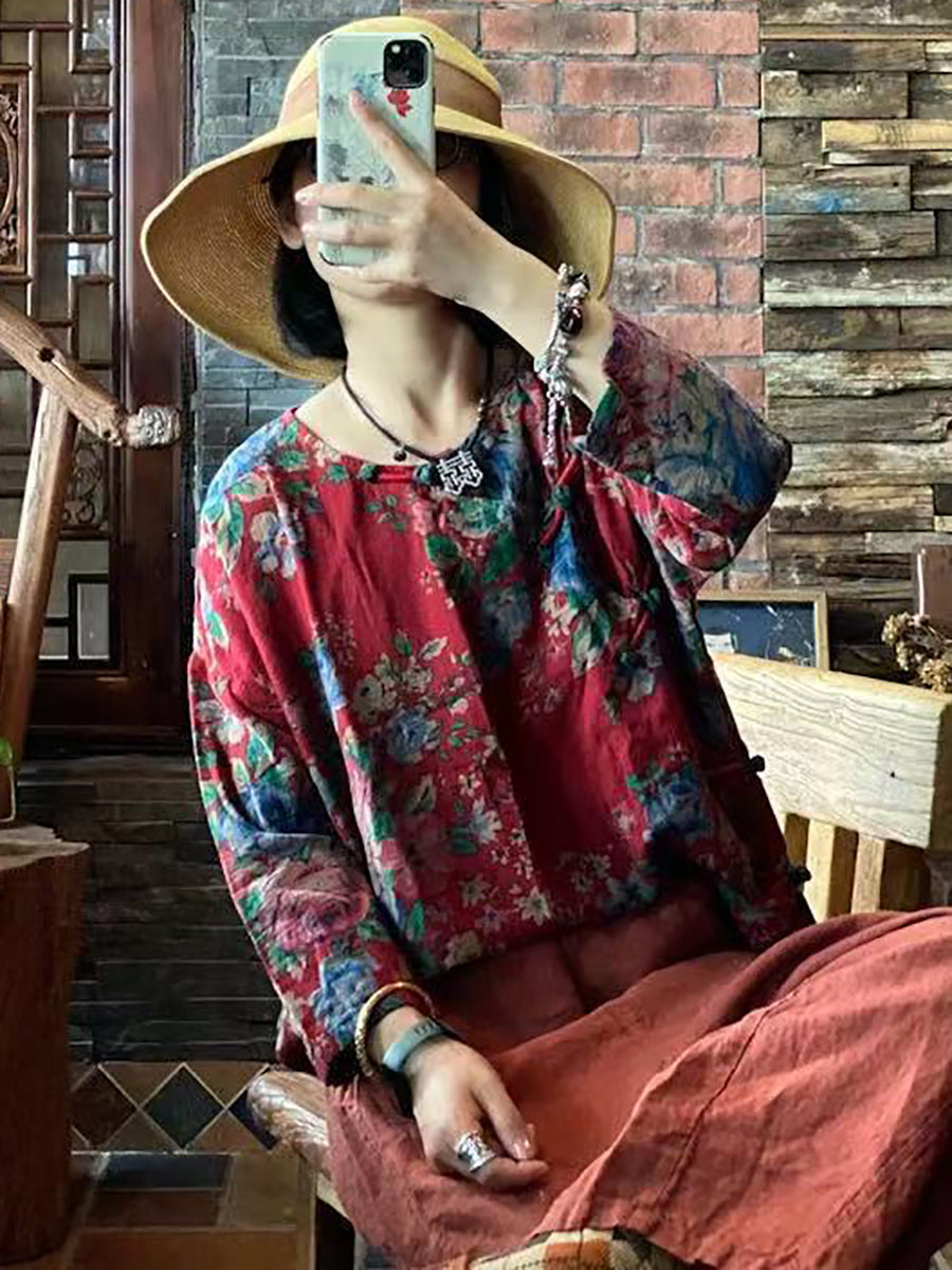 Women Ethnic Floral Loose 100%Cotton Shirt AA1032 Ada Fashion