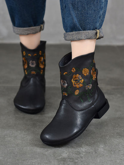 Women Vintage Flower Embroidery Leather Low Heel Boots AX1050 Genistyle Shop