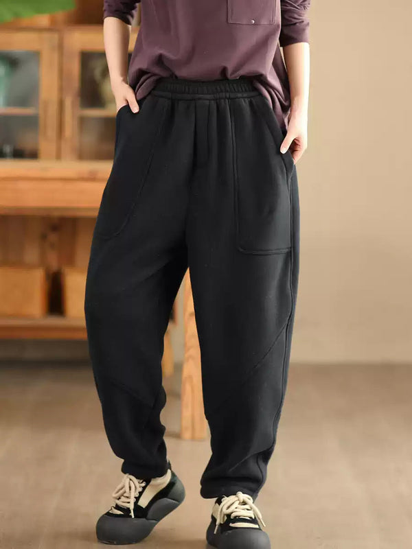 Women Autumn Vintage Cotton Fleece-lined Harem Pants WG014 BK