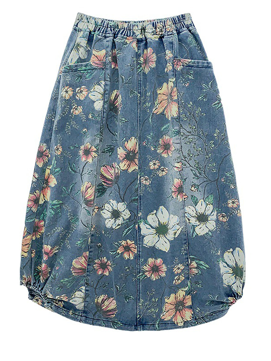 Women Summer Casual Flower Spliced Denim Skirt XX1027 Ada Fashion