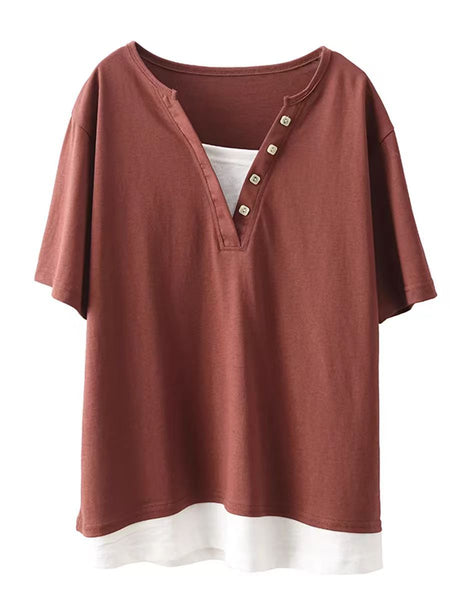 Women Casual Colorblock Pullover V-Neck Cotton Shirt AS1001 Ada Fashion