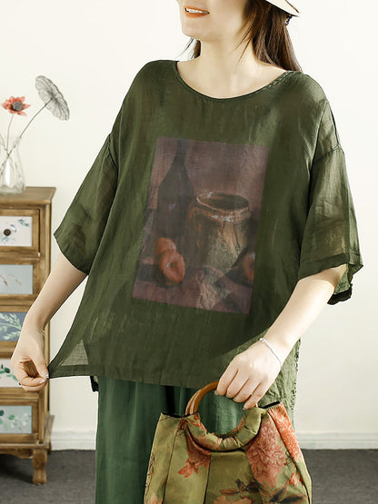 Women Summer Casual Print Loose Ramie Shirt OP1043 OSZF