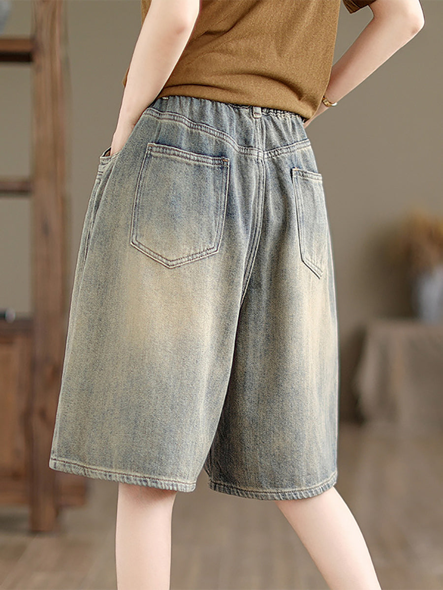 Women Summer Worn Denim Wide-leg Fifth Pants CC037 BUYKUD