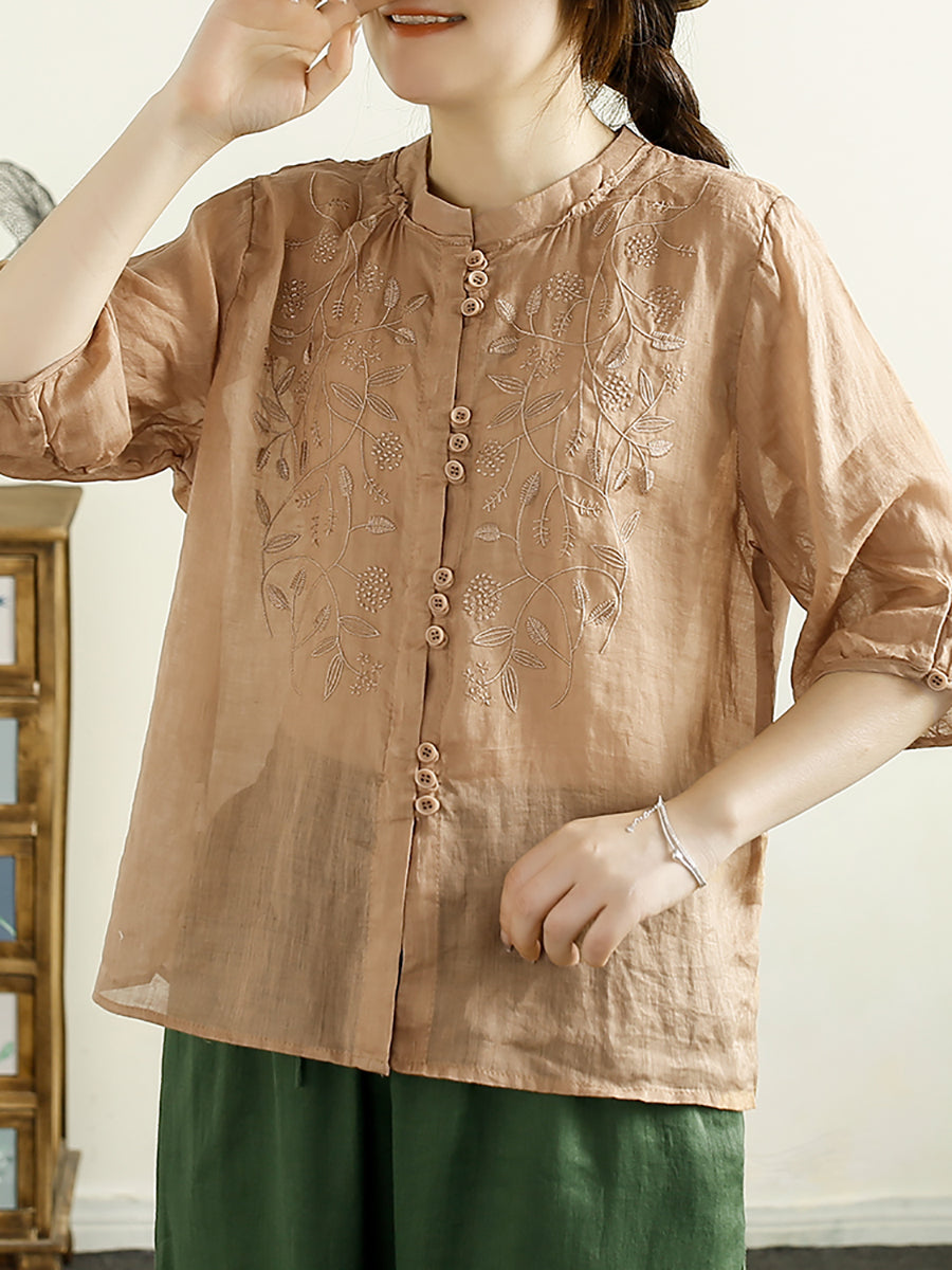Women Summer Artsy Embroidery Button Ramie Shirt II1043 BUYKUD