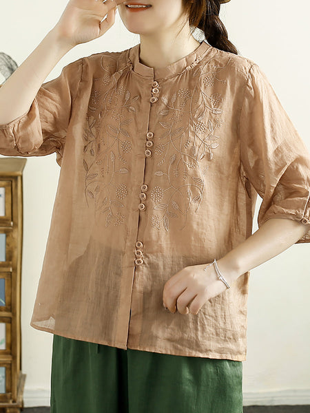 Women Summer Artsy Embroidery Button Ramie Shirt II1043 BUYKUD