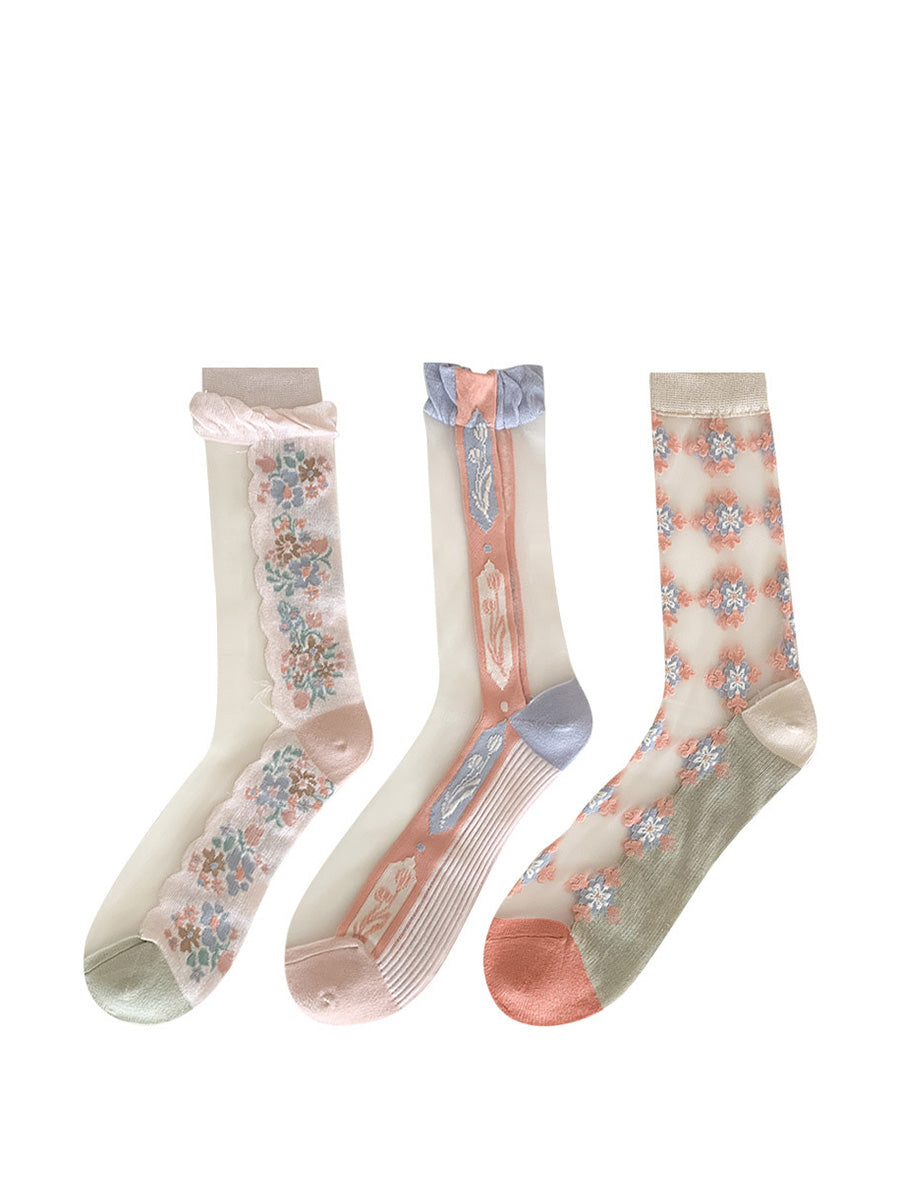 3 Pairs Women Artsy Flower Jacquard Long Socks FD029 TKWY