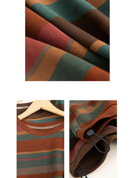 Women Casual Autumn Colorblock Stripe O-Neck Cotton Sweatshirt AI1027 YYMY