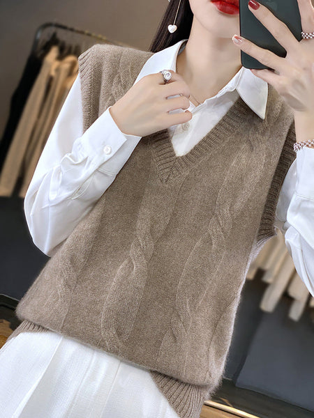 Women Casual Autumn Wool V-Neck Cable Knit Vest QN024 BUYKUD