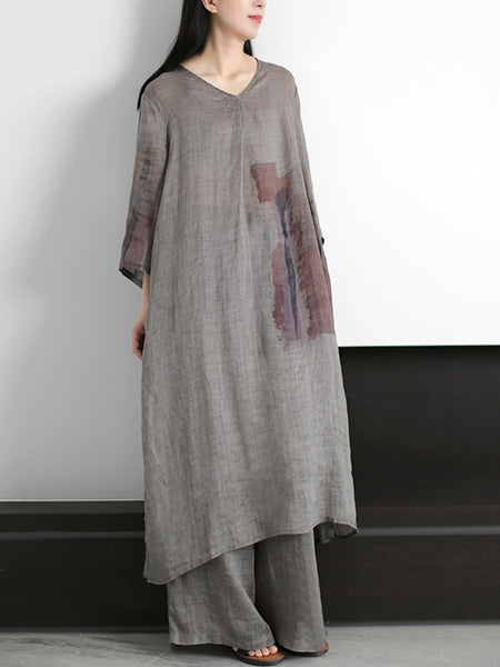 Plus Size Women Vintage Print 100%Ramie Long Shirt+Pants ZZ1056 Ada Fashion