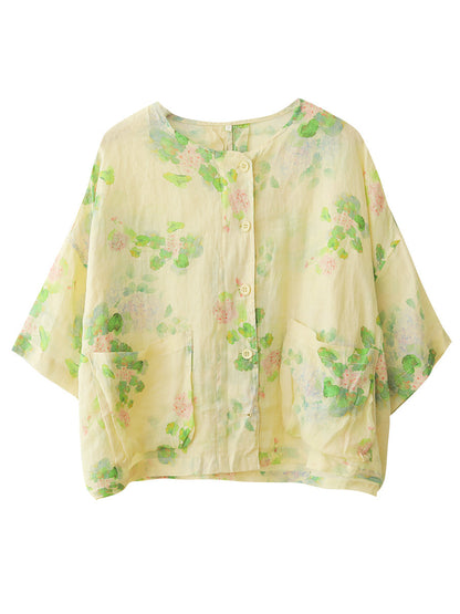 Women Summer Artsy Flower Button-up Pocket Ramie Shirt CC047 LPP