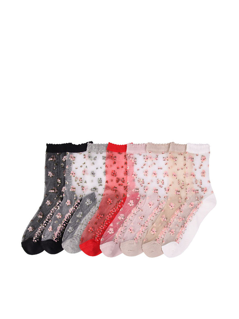 8 Pairs Women Summer Floral Jacquard Thin Socks LL007 BUYKUD