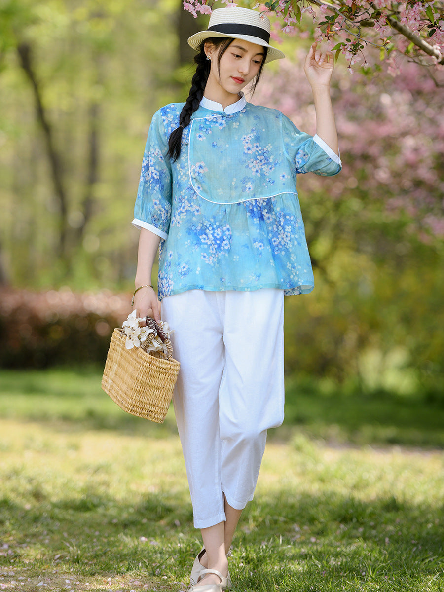 Women Summer Ethnic Floral Spliced Ramie Shirt OO1010 QMCJ