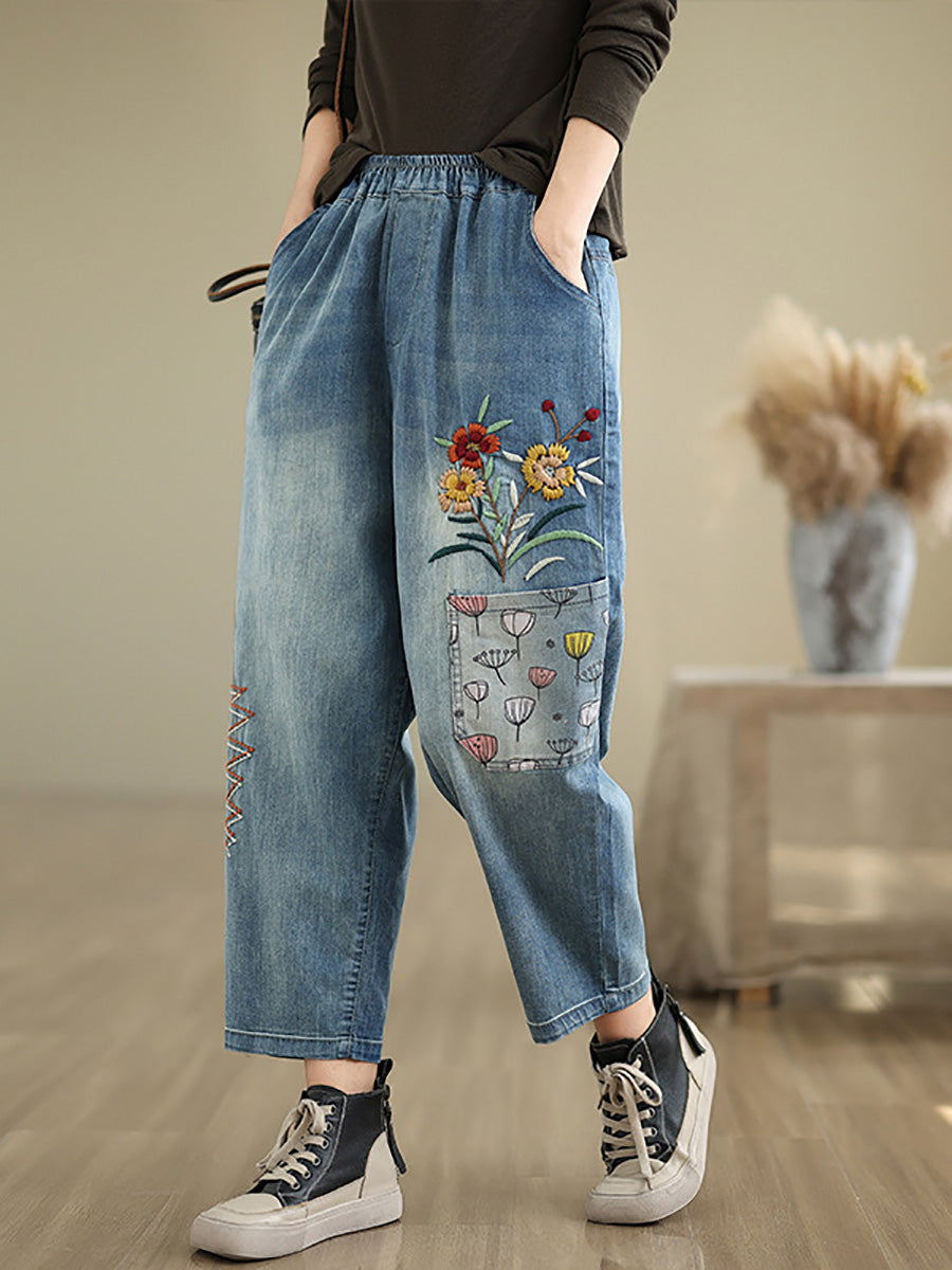 Women Autumn Artsy Flower Embroidery Denim Harem Pants AI1074 ZMFS