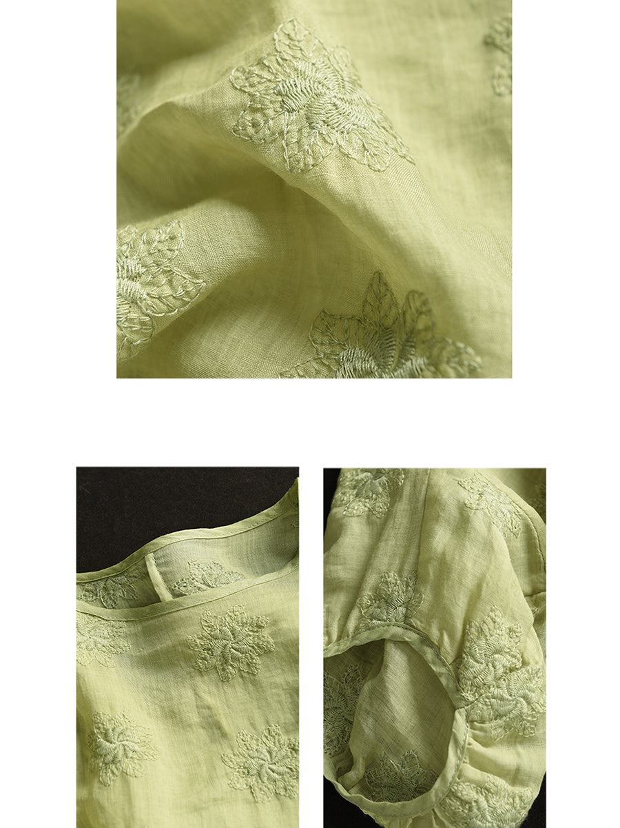 Women Summer Vintage Flower Embroidery Ramie Shirt PP1029 BUYKUD