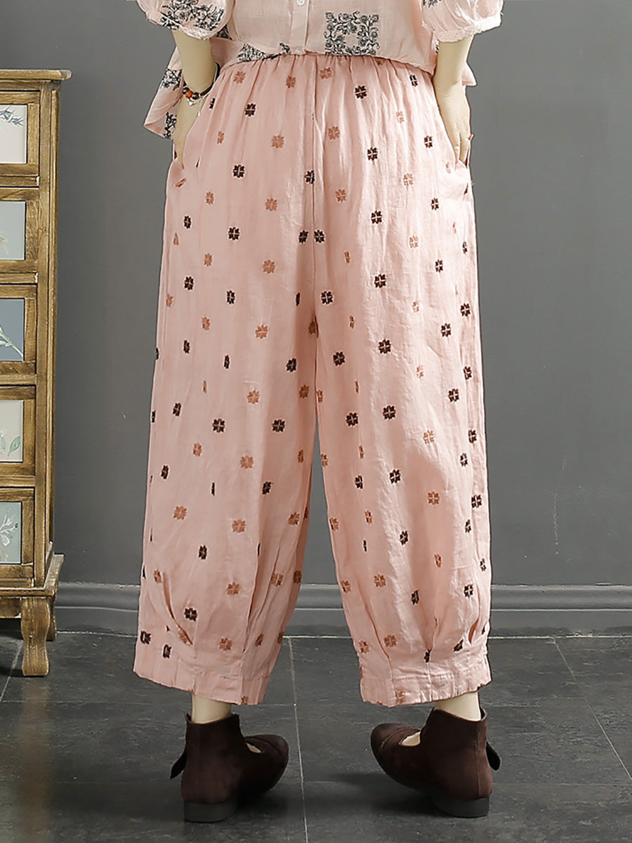 Women Spring Artsy Flower Embroidery Ramie Harem Pants KL1009 Ada Fashion