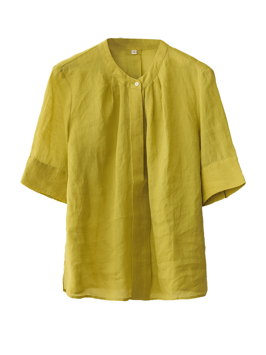 Women Summer Artsy Solid V-Neck Ramie Shirt CC051 XE