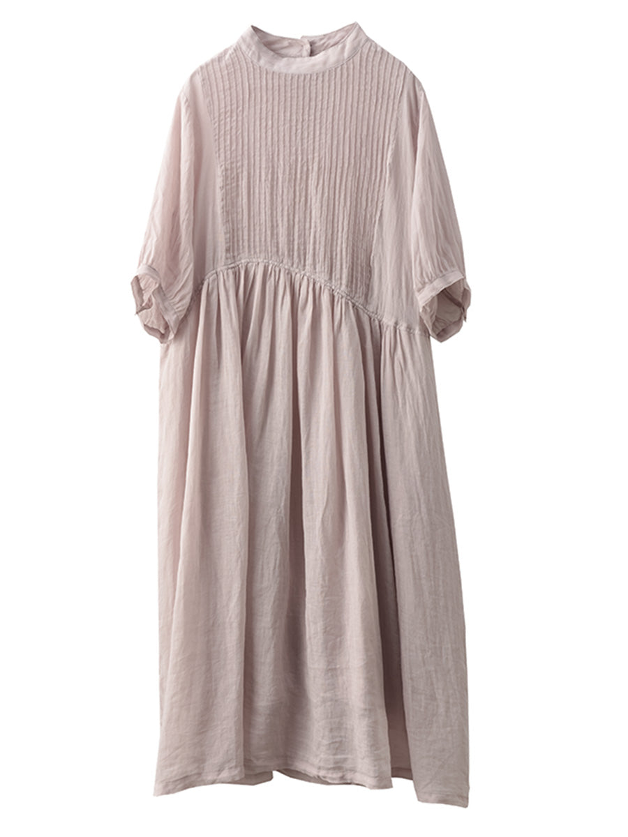 Women Summer Artsy Shirred Solid Ramie Dress CX003 BUYKUD