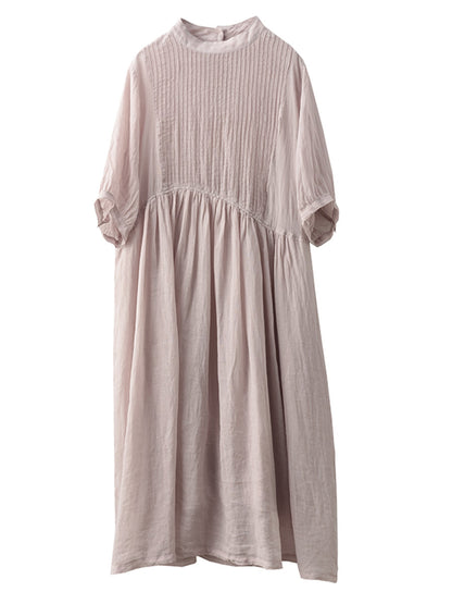 Women Summer Artsy Shirred Solid Ramie Dress CX003 BUYKUD