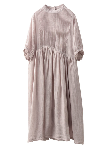 Women Summer Artsy Shirred Solid Ramie Dress CX003 BUYKUD