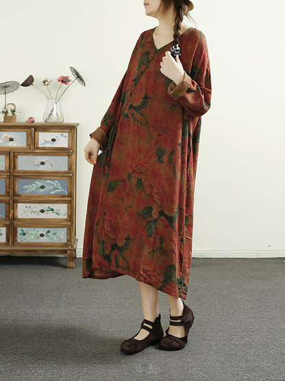 Women Vintage Autumn Flower Strap V-Neck Cotton Dress AS1016 XJYF