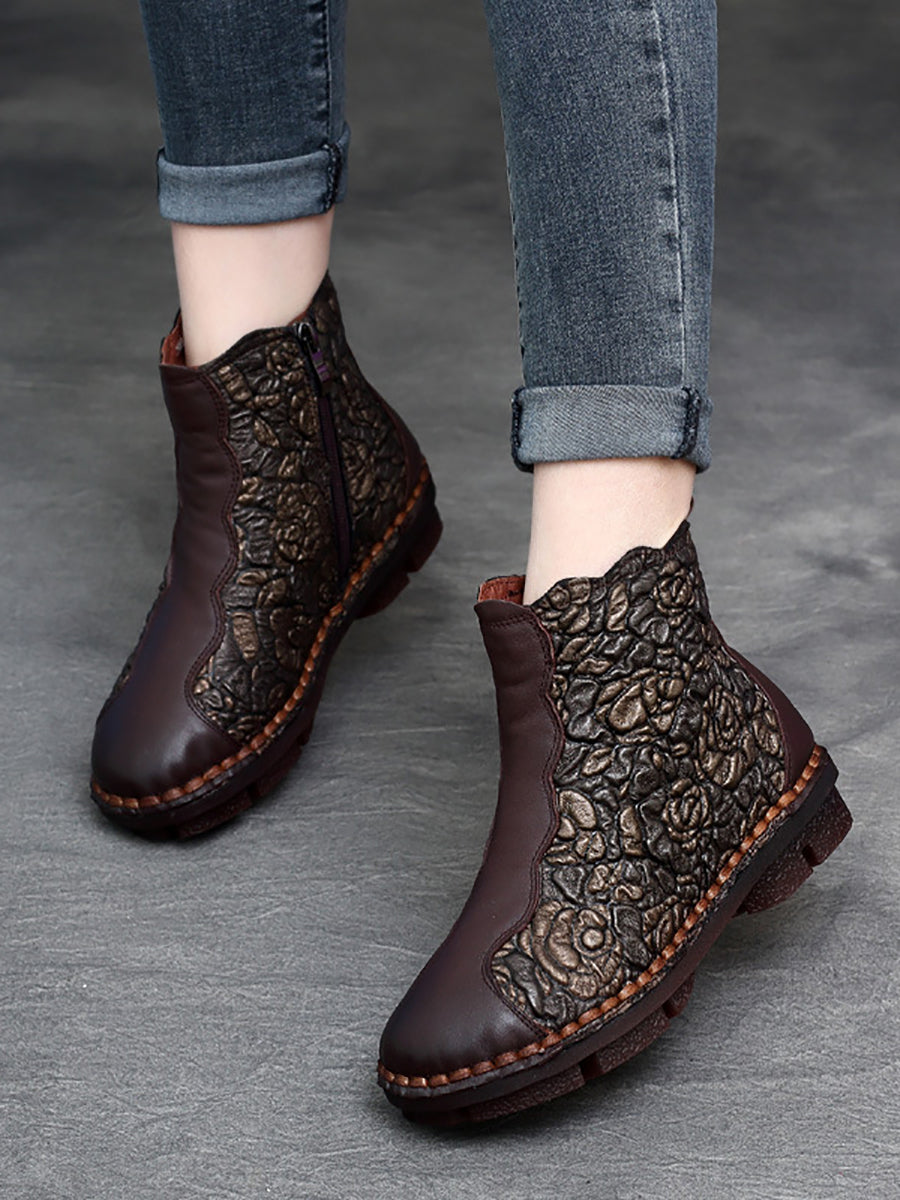 Women Retro Flower Leather Spliced Zipper Low Heel Boots AT1067 RXMY