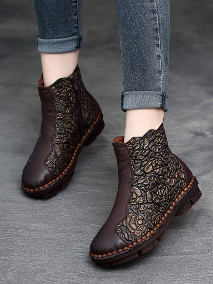 Women Retro Flower Leather Spliced Zipper Low Heel Boots AT1067 RXMY