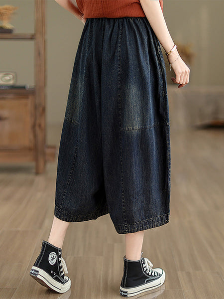 Women Summer Casual Solid Denim Spliced Wide-leg Pants PP1002 BUYKUD