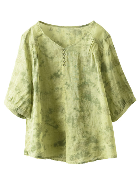 Women Summer Artsy Flower V-Neck Thin Ramie Shirt FD004 BUYKUD