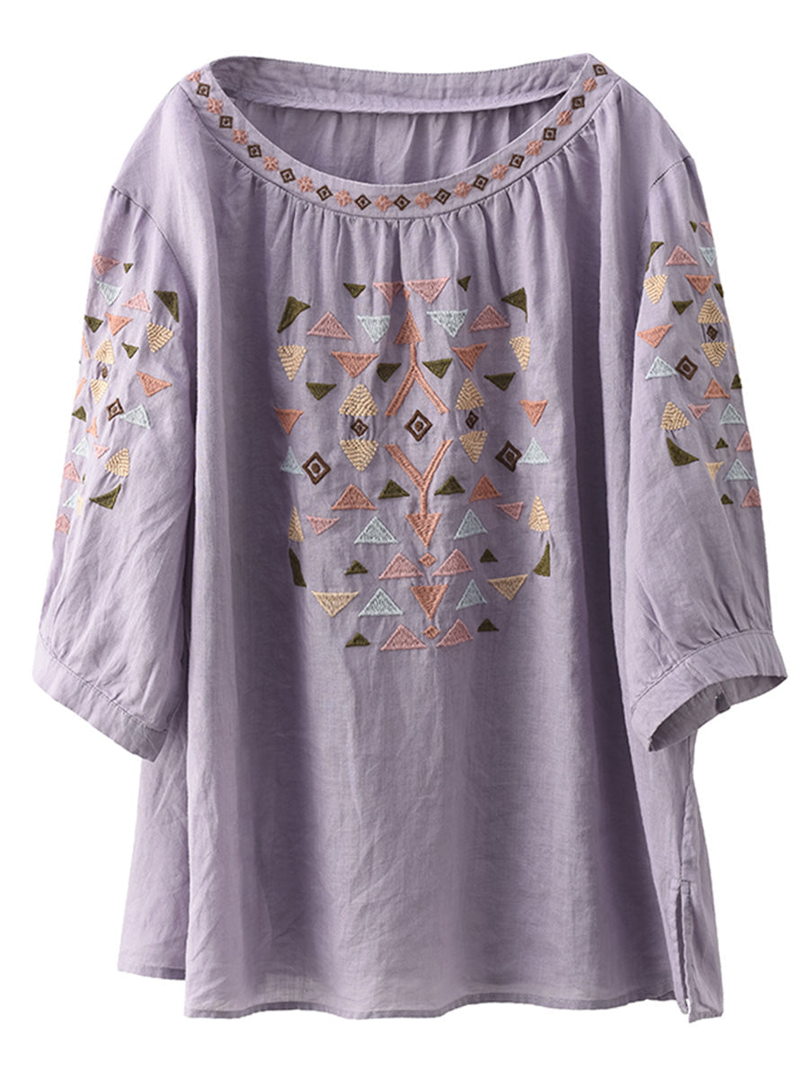 Women Summer Vintage Embroidery O-Neck Ramie Shirt OP1042 BUYKUD