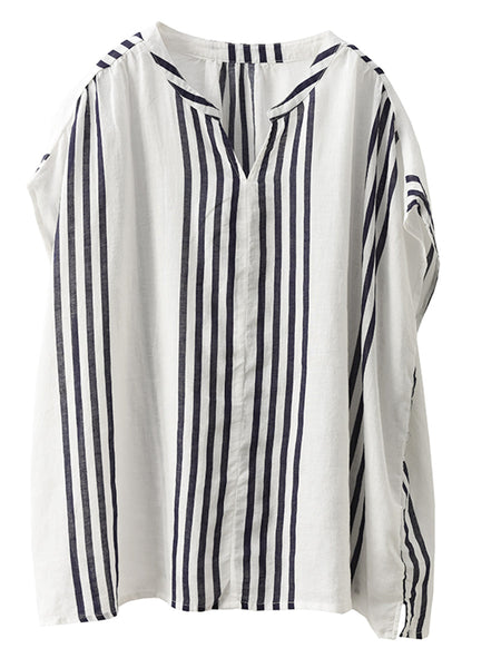 Women Summer Artsy Stripe V-Neck Thin Linen Shirt CV1053 Ada Fashion