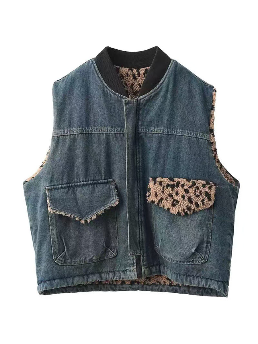 Women Autumn Retro Leopard O-Neck Dual-side Wearing Vest QN008 BUYKUD