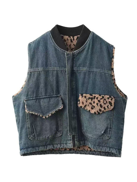Women Autumn Retro Leopard O-Neck Dual-side Wearing Vest QN008 BUYKUD