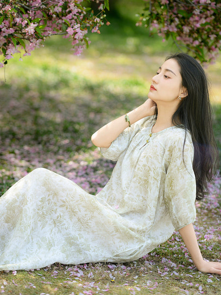 Women Summer Artsy Flower Print Loose Ramie Dress OO1025 QMCJ