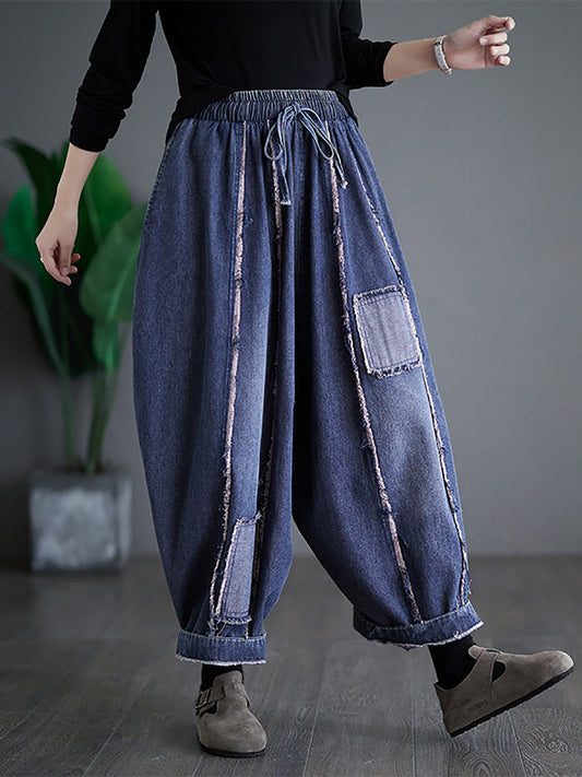 Women Summer Vintage Denim Patch Spliced Harem Pants FD031 ZMFS