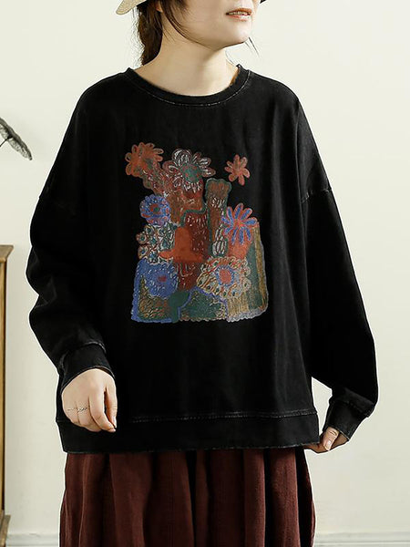 Women Casual Autumn Flower O-Neck Cotton Blouse AT1002 QYZY