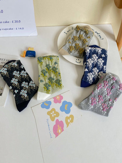 5 Pairs Women Autumn Floral Jacquard Colorblock Socks AV1025 Genistyle Shop