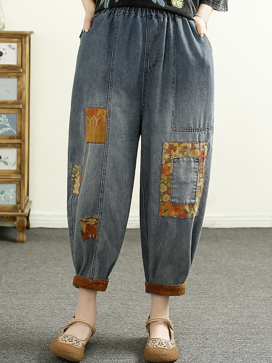 Women Summer Vintage Patch Spliced Denim Harem Pants HH040 DYL