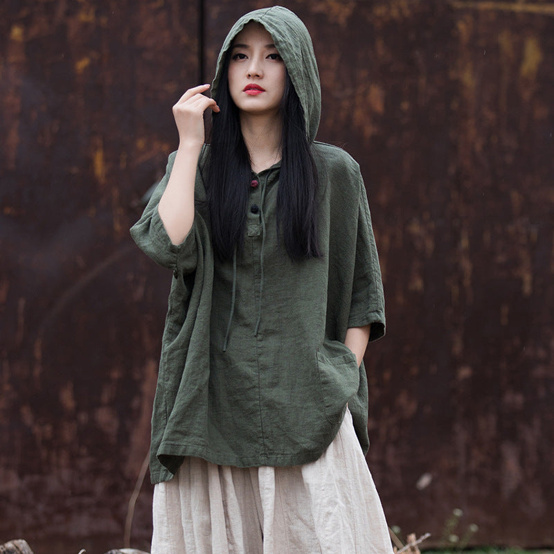 Women Summer Retro Solid Loose Hooded Ramie Shirt CC045 BXF