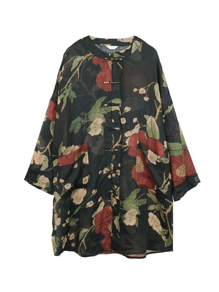 PLus Size Women Vintage Flower Print Ramie Spring Long Shirt AS1032 Ada Fashion
