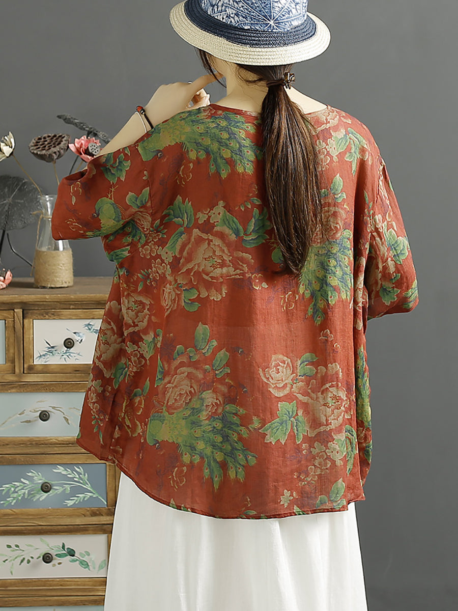 Women Vintage Floral Summer 100%Ramie Loose Shirt XX1051 Ada Fashion