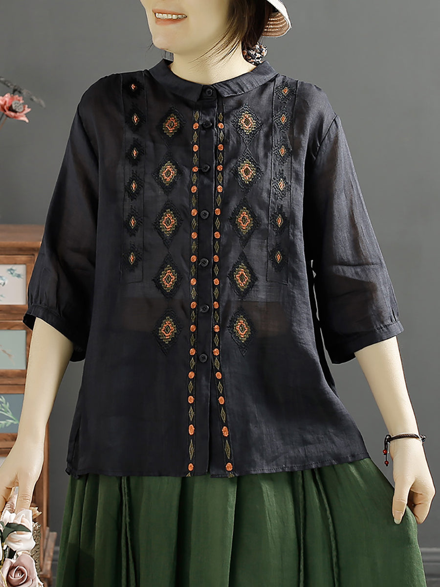 Women Ethnic Rhomboids Embroidery Ramie Button Up Blouse KL1031 Ada Fashion